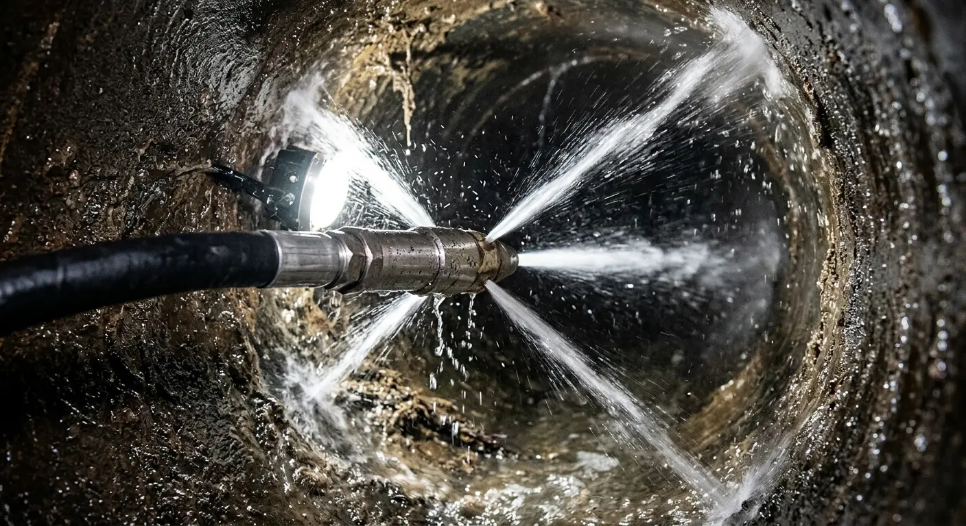 High-pressure hydro jetting nozzle cleaning sewer pipe for Emergency Drain Service in Willard