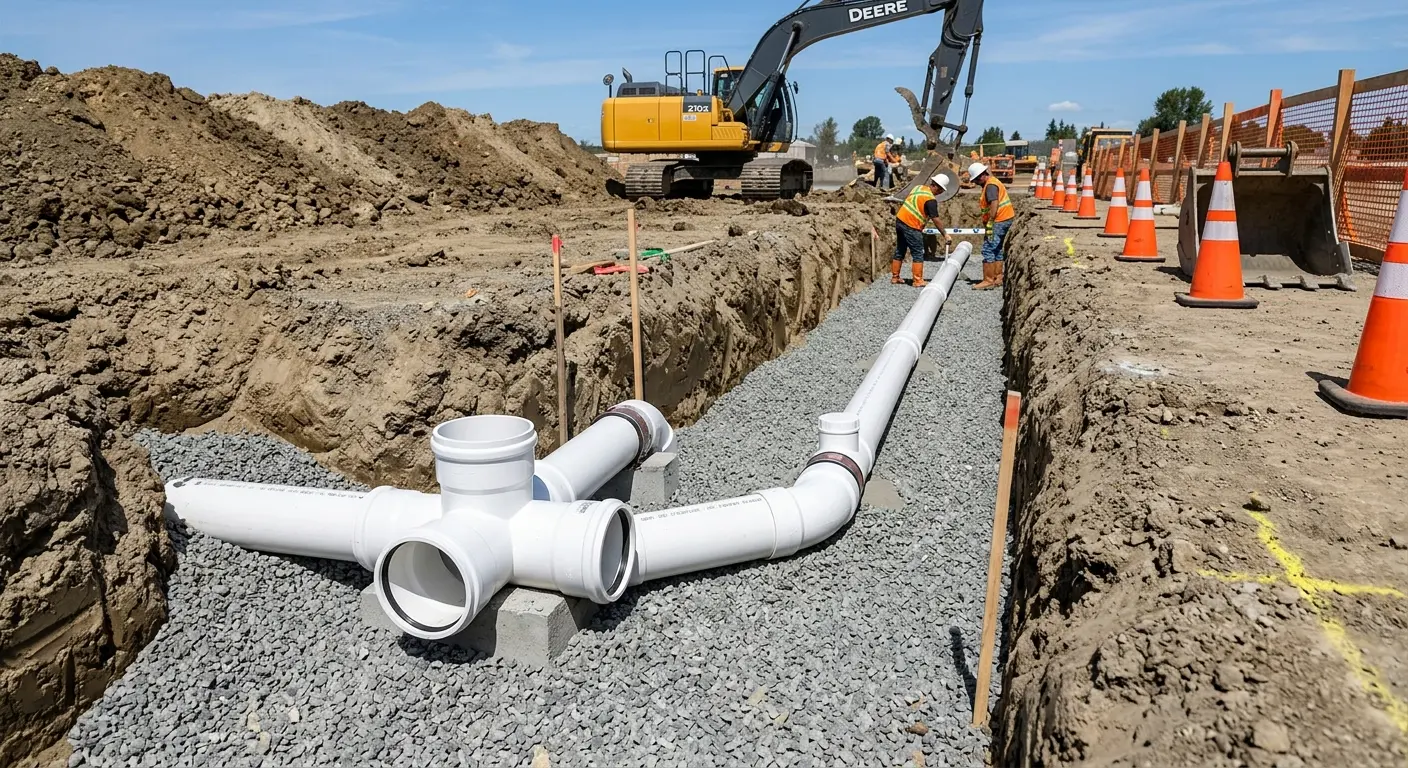 New PVC sewer pipe installation in open trench for Commercial Drain Cleaning in Willard